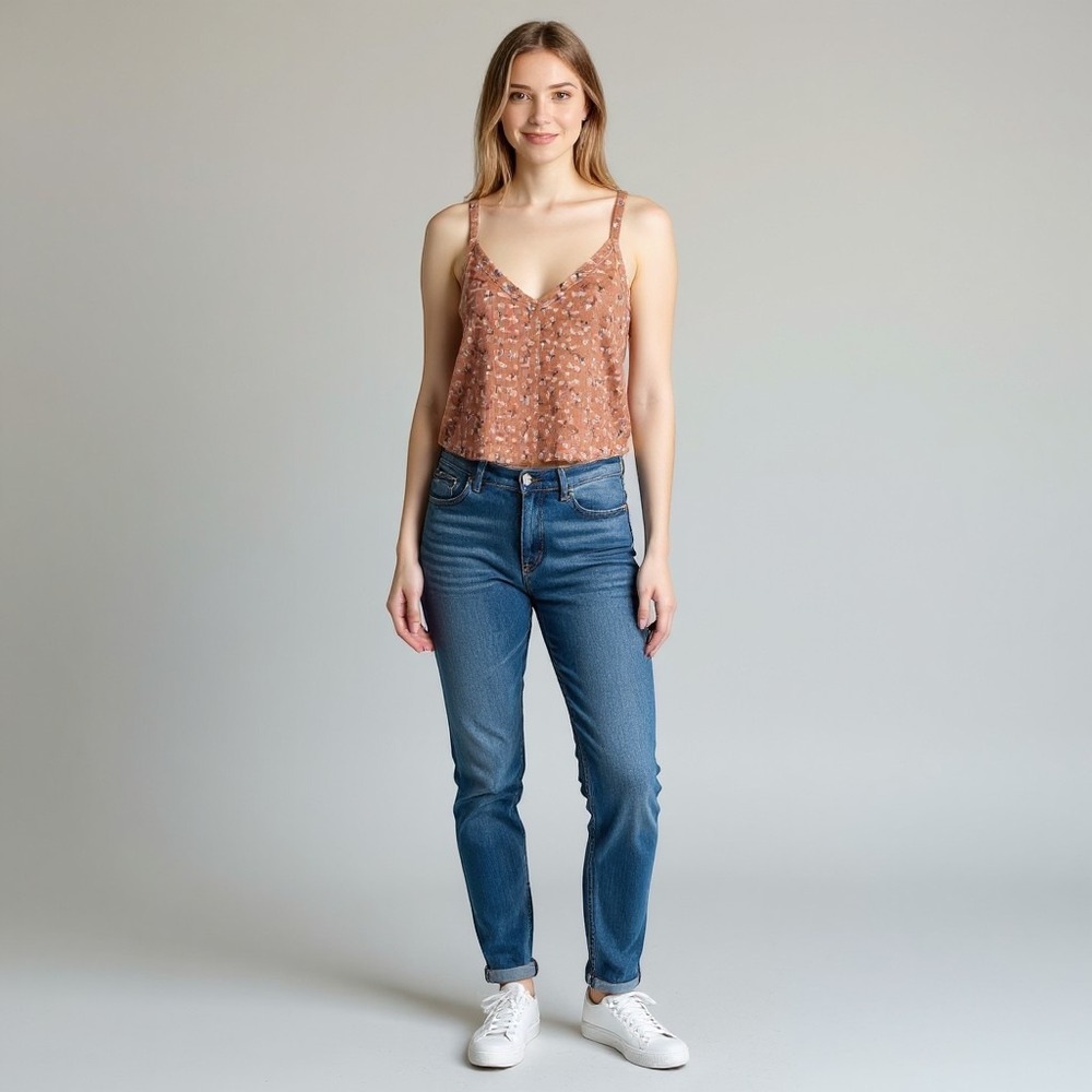 American Eagle Women Brown Floral Waffle Knit V-Neck Cami Tank Top Large
